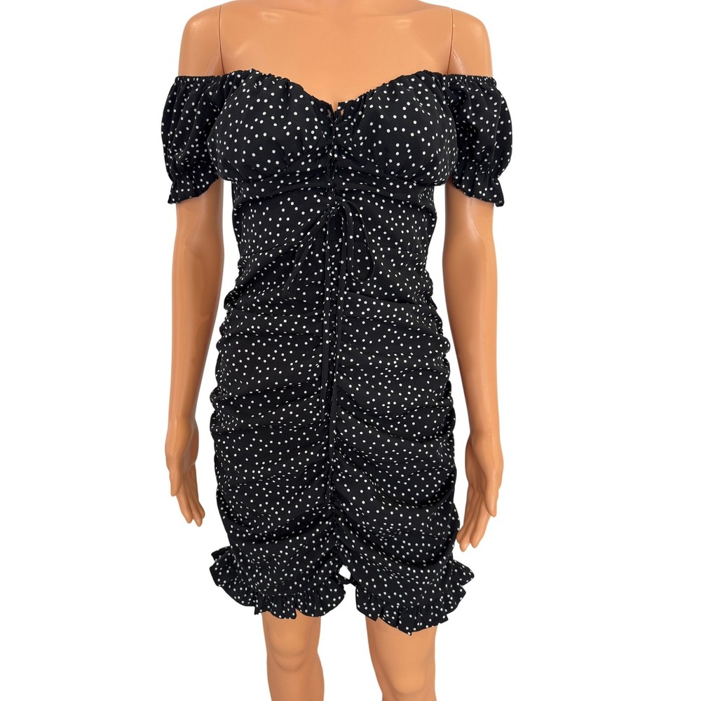Shein Black Polka Dot Ruched Off Shoulder Mini Dress Ruffle Hem Puff Sleeve